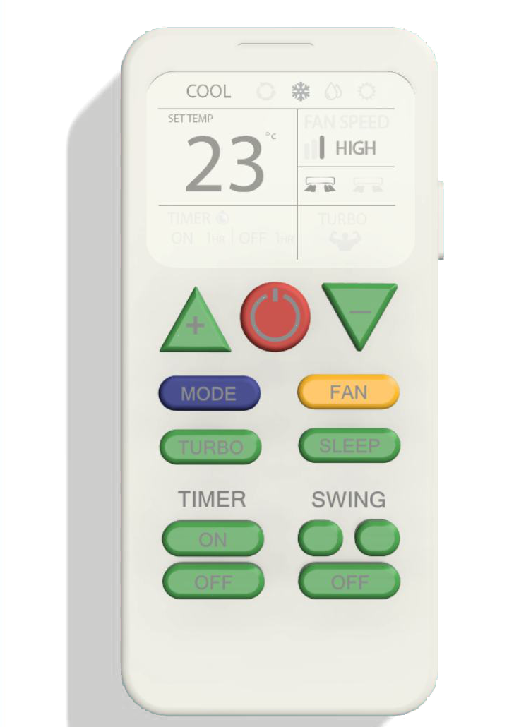 Final redesigned AC remote, showing Cool mode at 23 degrees with high fan speed