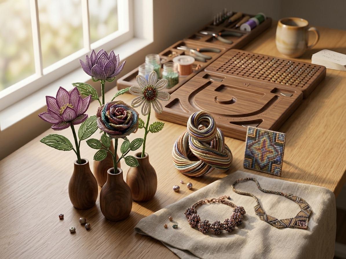 Finished beaded flowers, a beaded rope, and beaded necklaces styled on a wooden table