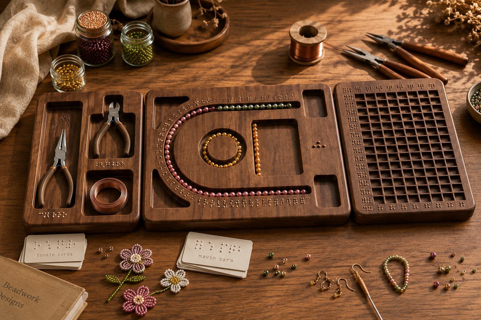 BeadScape tactile bead art workstation with tools and materials on a wooden table