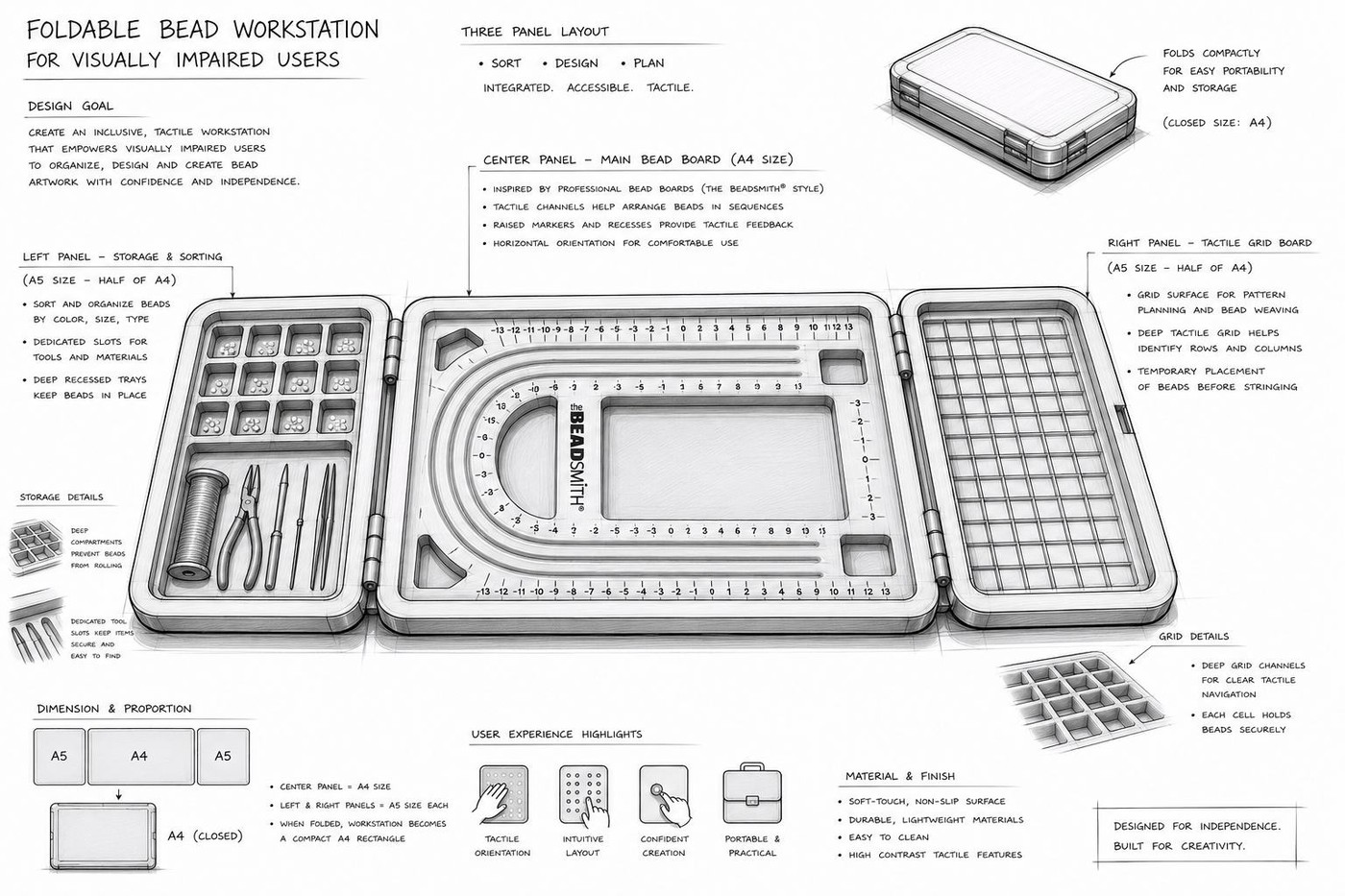 Sketch of the foldable bead workstation showing storage, bead board, and tactile grid board panels with dimensions and material notes