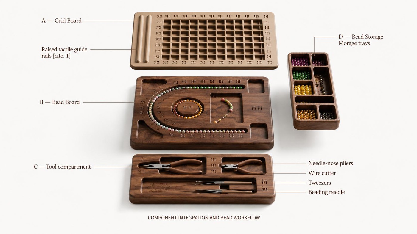 Exploded view of the BeadScape workstation labelled A grid board, B bead board, C tool compartment, D bead storage trays