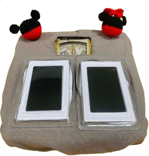 Physical Arch Station prototype: a scale base with two footplates and Mickey and Minnie figures on top