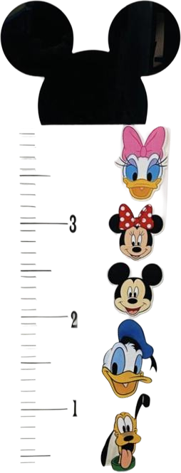 Physical height-chart prototype with a Mickey-ears silhouette and character stickers marking height increments