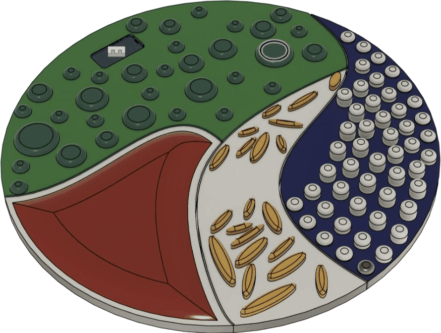 Therapy mat design with four zones of varied textures: raised domes, ridges, smooth beads, and studs