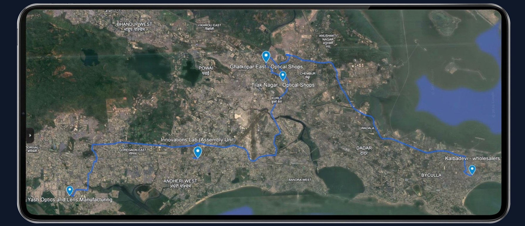 Map tracing the eyewear supply chain route across Mumbai, from manufacturing to retail