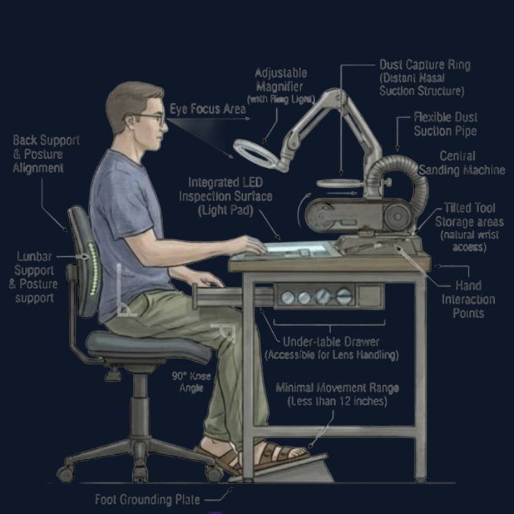 Annotated illustration of an ergonomic workbench with labeled posture supports, tool arms, and inspection surface