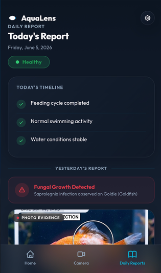Aqua Lens AI app daily report screen with today's timeline and a fungal growth alert