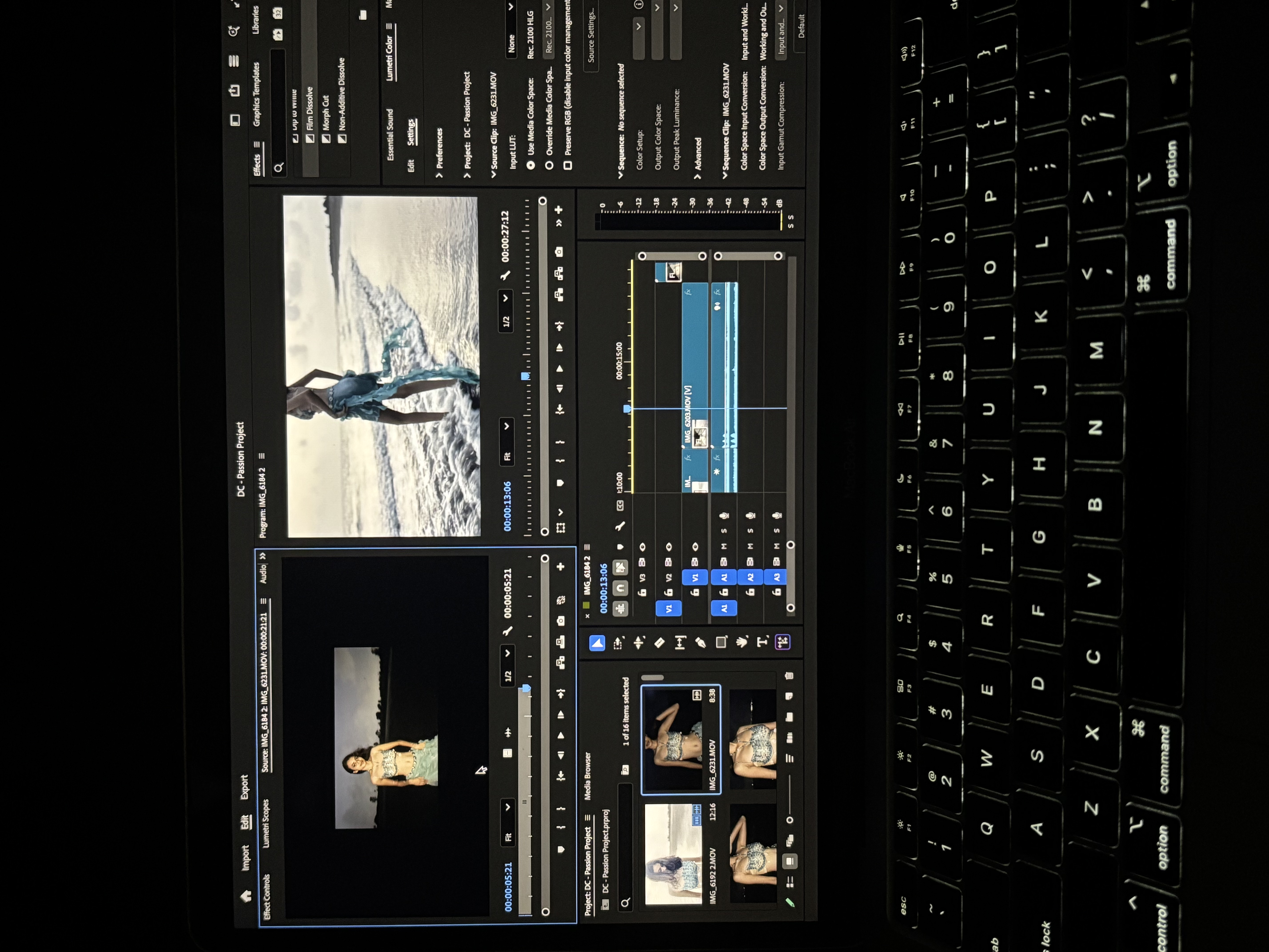 Editing the final film in Premiere Pro, timeline and preview visible on a laptop screen