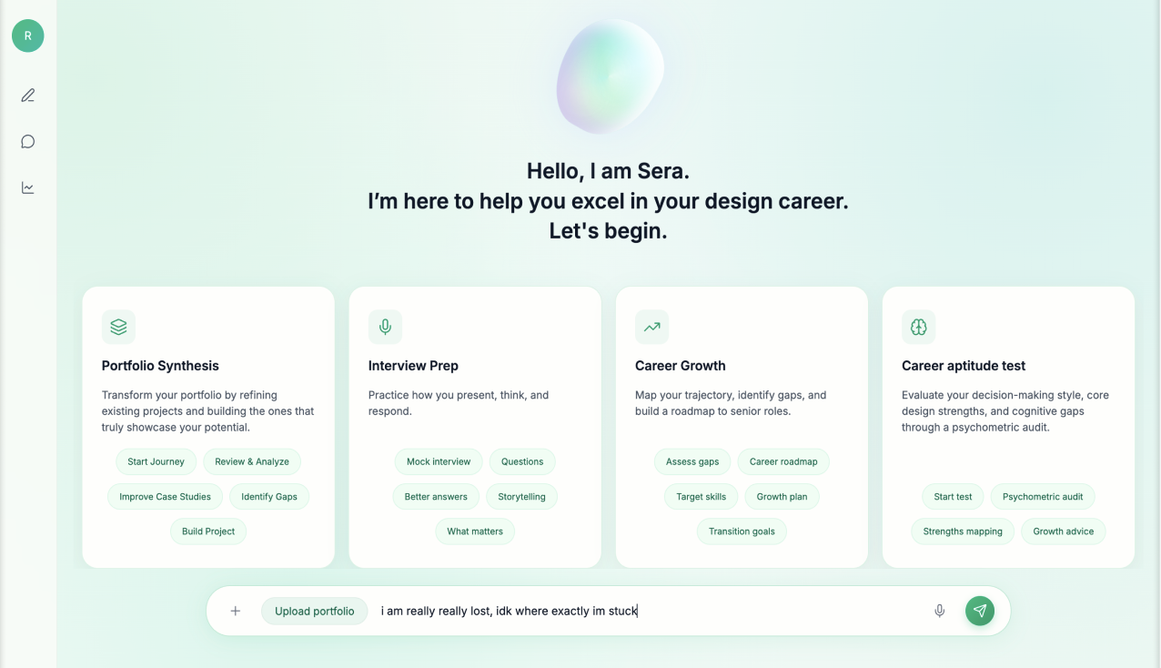 Sera AI chat interface: 'Hello, I am Sera' welcome screen with Portfolio Synthesis, Interview Prep, Career Growth, and Career Aptitude Test options