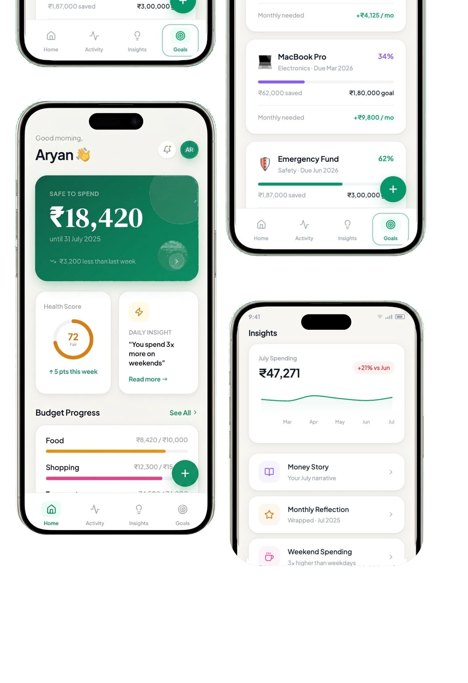 WalletEase app screens — Home, Goals and Insights